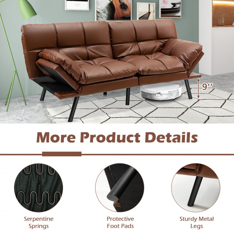 Convertible brown memory foam futon sofa bed with adjustable armrests and sturdy metal legs, perfect for small spaces.